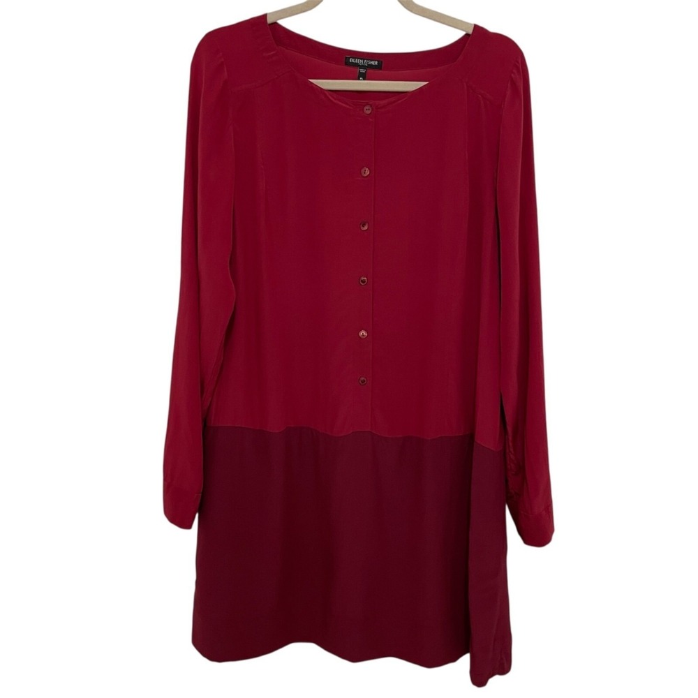 Eileen Fisher Silk Tunic Women PETITE L Red Colorblock Button Long Sleeve Shift